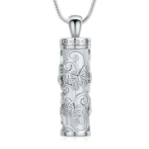 Cylinder Butterfly Urn Ashes Necklace for Women Men Cremation Jewelry of Loved Ones Memorial Vial Pendant Keepsake Jewellery Silver