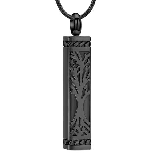 Tree of Life Urn Necklace for Ashes for Women Men Cremation Jewelry Cube Ashes Keepsake Necklace Bar Urn Pendant Jewelry for Ashes Black