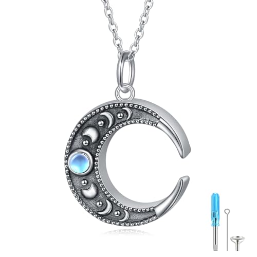 Moonstone Urn Necklace for Ashes - 925 Sterling Silver Plated Crescent Moon Phase Charm Circle Pendant for Women - Ashes Keepsake Memorial Jewelry