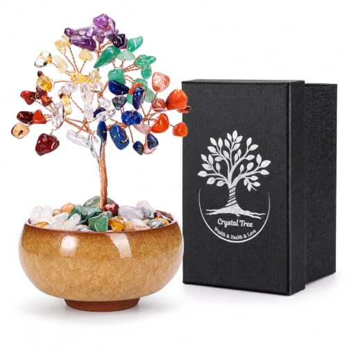 CrystalTears Chakra Crystal Tree of Life, 7 Chakra Gemstone Money Tree with Ceramic Bowl, Healing Crystal Energy Crystal Tree for Home Office Desk Decor, Spiritual Birthday Gifts for Women Men