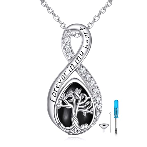 POPLYKE 925 Sterling Silver Black Agate Urn Necklace for Ashes for Women Tree of Life Ashes Necklace Black Agate Cremation Jewellery