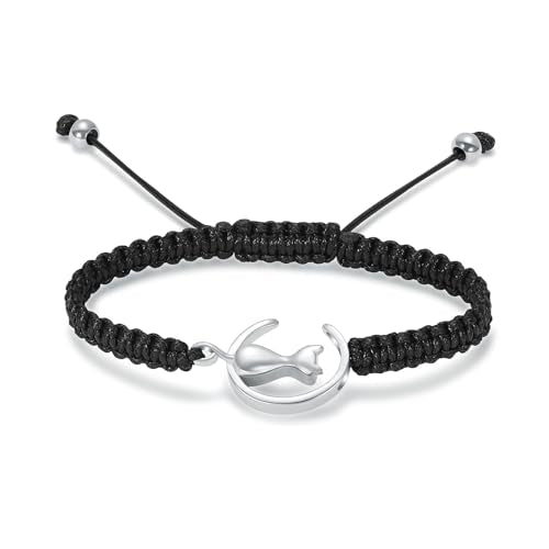 Cat Urn Bracelet for Pet Ashes Handmade Braided Rope Adjustable Bangle Stainless Steel Urn Bangle Memorial Jewelry silver