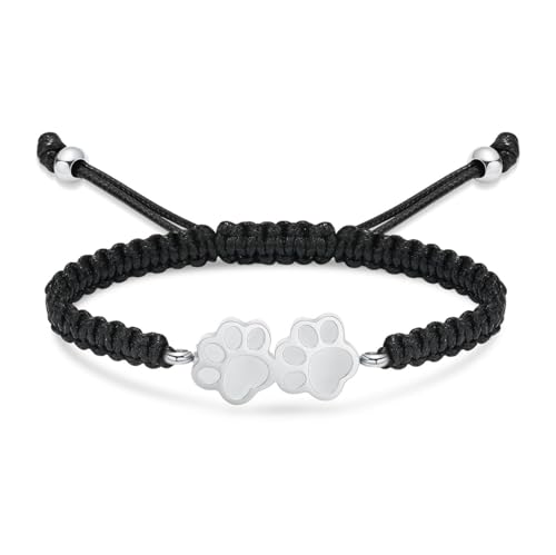 Pet Urn Bracelet for Dog Ashes - Adjustable Double Paw Print Bracelet for Dogs / Cats Ashes - Braided Rope Memorial Urn Bangle Jewelry silver