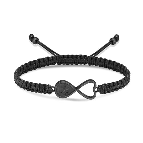 Infinity Heart Urn Bracelet for Ashes Pet Dog Cat Paw Print Cremation Jewelry Keepsake Braided Rope Adjustable Bangle Memorial Gift for Men Women black