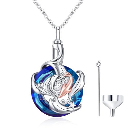 KINGWHYTE Dolphin Urn Necklace 925 Sterling Silver Crystal Ashes Necklace Urn Necklace for Ashes Crystal Cremation Keepsake Jewellery Ash Dolphin Gifts for Women Girls