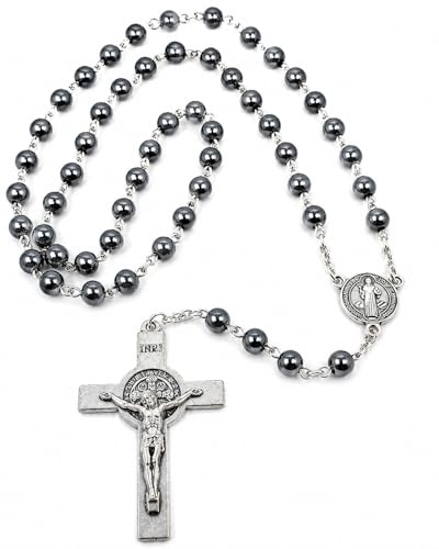 JRose Collections Hematite Gemstone Rosary Beads 6mm Catholic Prayer Necklace with Saint Benedict Medal and Crucifix, Black Polished Hematite Rosary Chain for Prayer Meditation and Devotional Use