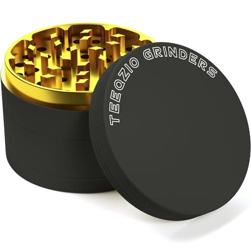 Herb Grinder Large Crusher Ø 75mm, Aluminum Alloy 4-Piece for Spice, Seasonings, Herb with Pollen Scraper & Brush (Black & Gold) Black - Ø75 - Al