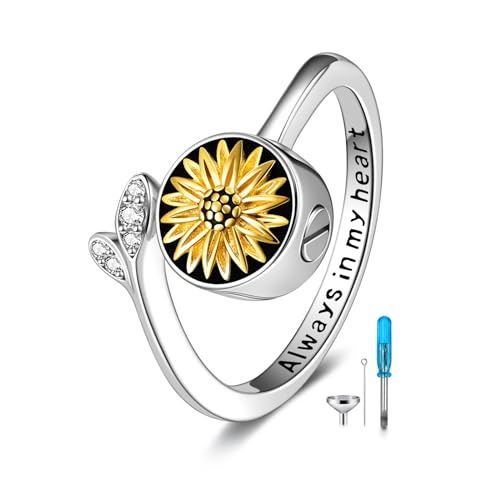 YFN Sunflower Urn Rings for Ashes Sterling Silver Sunflower Cremation Jewellery for Women daughters