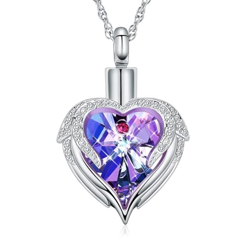 Cremation Jewelry Angel Wing Heart Urn Necklace for Ashes for Women Memorial Human Pet Ashes Pendant Silver-Purple