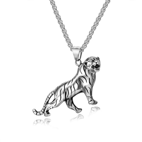 Leopard Stainless Steel Pendant Necklace for Men Women,Retro Faith Necklace, Jewelry Gift,Retro Silver Chain Necklace 23.6 Inch(Send Gift Box)