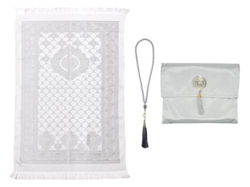 Muslim Prayer Rug and Beads with Elegant Slub Fabric Bag, Islamic Prayer Mat, Ramadan Prayer Blanket, 110 * 70CM, Grey