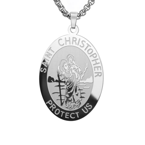 Amaxer Saint Christopher Necklace Saints Medal Religious Protection Amulet Stainless Steel Jewellery Pendant Box Chanin Necklace for Women Men (Silver)