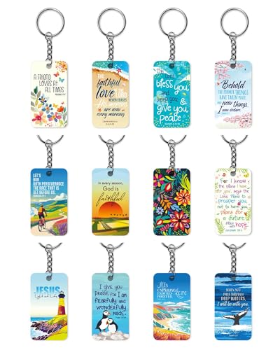 Christian Keyrings, Pack of 12 Bible Verse Keyrings, Wood and Metal, 6.3cm