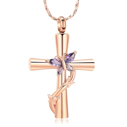 Urn Necklaces for Ashes Butterfly Cremation Jewelry for Ashes Cross With Crystal Butterfly Memorial Ash Pendant Keepsake Jewelry Gifts for Loss of Loved One Rose&purple