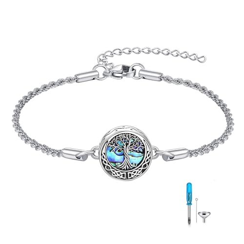 Urn Bracelet for Ashes 925 Sterling Silver Abalone Shell Cremation Jewelry for Ashes Keepsake Pendant Locket Bracelet for Women Mem A-Tree of Life
