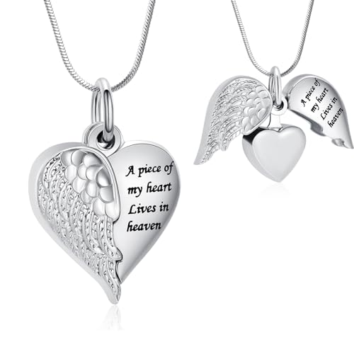 Minicremation Heart Urn Necklace Pendants for Ashes Angel Wings Cremation Jewelry for Women Men Keepsake Memorial Ash Jewelry Always in my Mind Forever in my Heart A Piece of - Silver