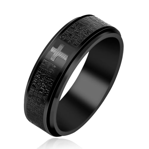 Christian Religious Bible Ring Anxiety & Stress Relief Ring Men's Black Ring Titanium Steel Christian Scripture Rotating Ring Cross Ring for Men Husband Dad Bff Friends X1/2 (67.2 mm)
