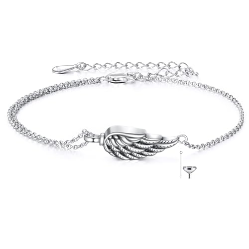 POPLYKE 925 Sterling Silver Angel Wing Urn Bracelets for Ashes Women Men Cremation Jewellery 7+2 inch
