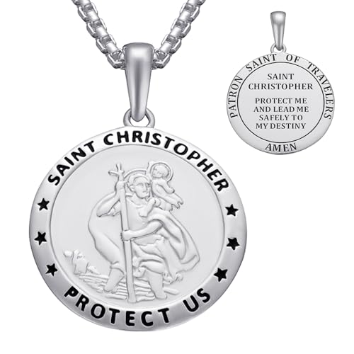 ARDU Jewellery - Saint Christopher Gift Set | Sterling Silver Double-sided Pendant with 24 Inch Chain Necklace, Stainless Steel Prayer Card, Car Visor Clip & Travel Pouch | Protection for Travels