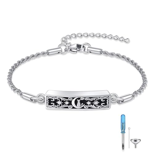 Cat Urn Bracelet for Ashes Sterling Silver Moon Cat Bracelet for Ashes for Love Ones Cremation Memorial Keepsake Jewellery for Women