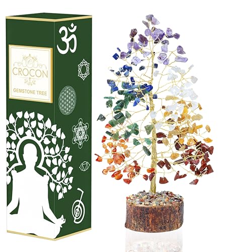 Crocon® 7 Chakra Crystals Tree Gifts, Spiritual Birthday Gifts for Women & Men | Home Decoration & Crystal Gift, Meditation & Yoga Room Decor | Presents for Mum, Sister, Grandma Ideas, house warming #002 7chakra (Golden Wire)