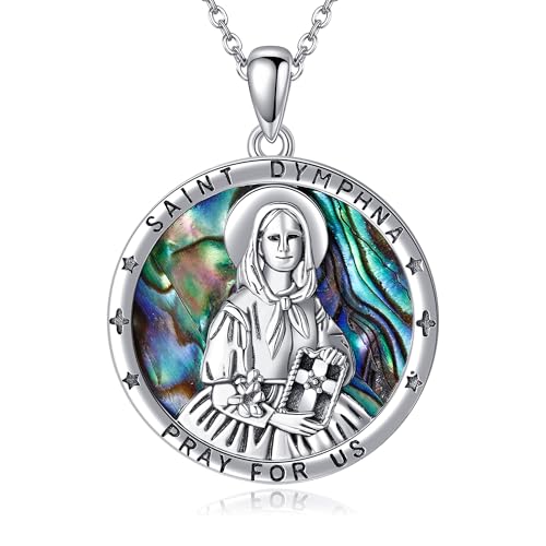 JERWLI St. Dymphna Necklace S925 Sterling Silver Saint Dymphna Medal Pendant Saint Necklace Round Religious Jewellery For Women Men Female