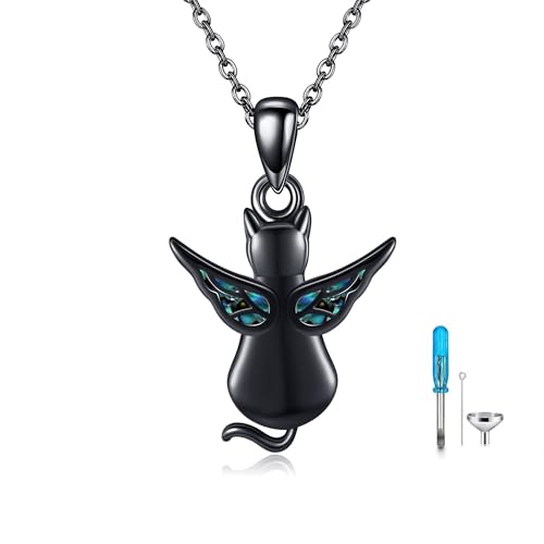 ONEFINITY Black Cat Urn Necklace for Ashes Sterling Silver Angel Wing Cat Keepsake Pet Memorial Pendant Jewellerry Gift for Women Men