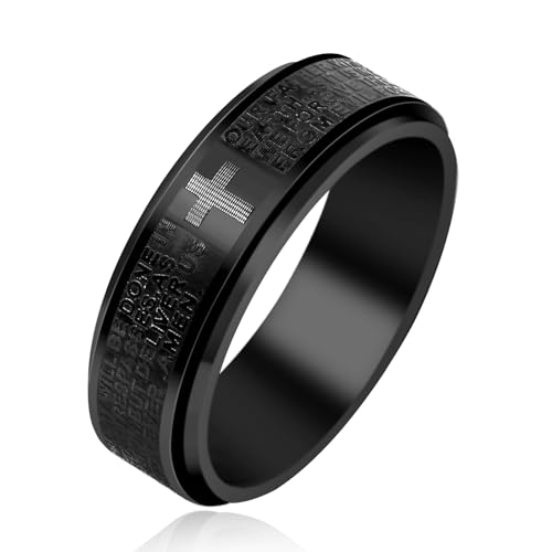 Uloveido Lord's Prayer Cross Spinner Ring for Men Engraved with Bible Verse Our Father Deliver Us From The Evil - 8mm Wide Black Titanium Steel Anxiety Fidget Band Praying Rings for Christian Z