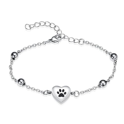 Paw Print Heart Urn Bracelet for Ashes Adjustable Stainless Steel Cremation Jewelry Memorial Keepsake Bracelet for Pets Ashes Dog Cat A-Silver
