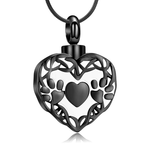 Minicremation Cremation Jewelry Heart Urn Necklace for Ashes with Double Paw Print Stainless Steel Love Heart Necklaces Memorial Ash Pendant Keepsake Jewelry Black