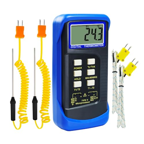 Dual Channel Thermocouple Thermometer Digital Temperature K Type Thermometer with 4 Probe (Wired & Stainless Steel) -50~1300°C (-58~2372°F) Range Temperature Meter Gauge Blue