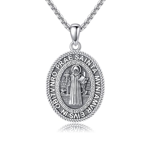YAFEINI St Benedict Necklace 925 Sterling Silver Patron Saint Benedict Medal Pendant Amulet Protection Religious Jewellery Gifts for Women Men