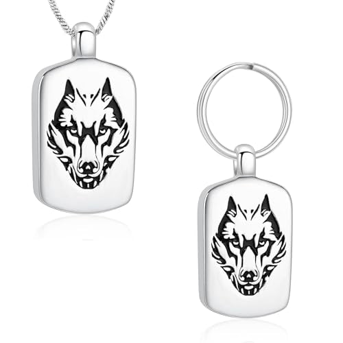 Pet Cremation Jewellery Wolf Poker Urn Necklaces for Ashes Stainless Steel Keepsake Memorial Pet Ash Pendant Jewellery for Men Women Silver-2PCS