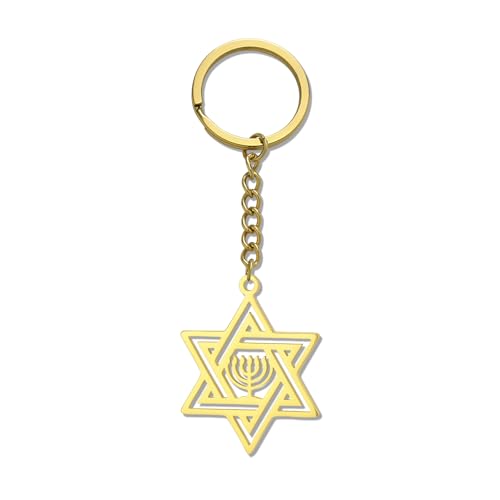 VASSAGO Star of David Keychain for Women Men Jewish Star Menorah Keyring Stainless Steel Hanukkah Keychain Israel Religious Jewelry Gold