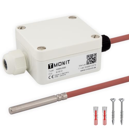 Active Temperature Transducer, 0-10 V, incl. Sensor PT1000, Adjustable Measuring Range, Active Sensor Monitoring (2 m Sensor Silicone Cable) 2m Silikon-Leitung