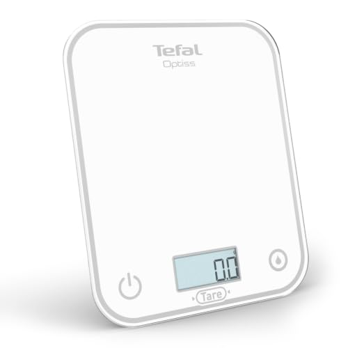 Tefal Optiss BC50U0V0 Electronic Kitchen Scale, Easy-to-Read Backlit Display, Scratch-Resistant, Accuracy 0.5 g, Tare Function, Capacity 5 kg, Batteries Included, White White Glass