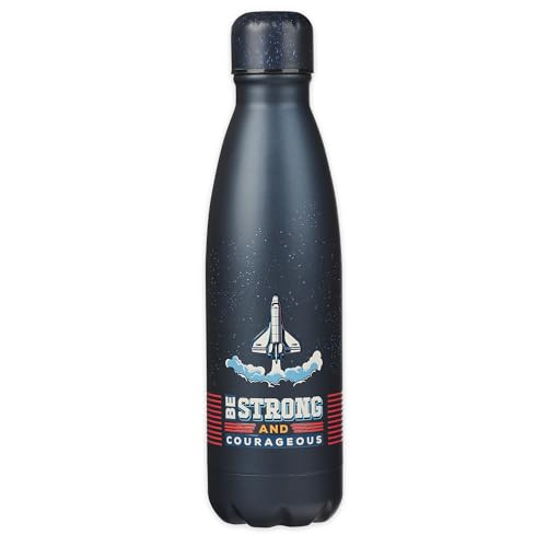 Christian Art Gifts Slim Stainless Steel Water Bottle For Boys: Strong & Courageous Inspirational Scripture, Double Wall Vacuum Insulated, Navy Blue Space Design, 17 oz. Navy Blue/Strong & Courageous