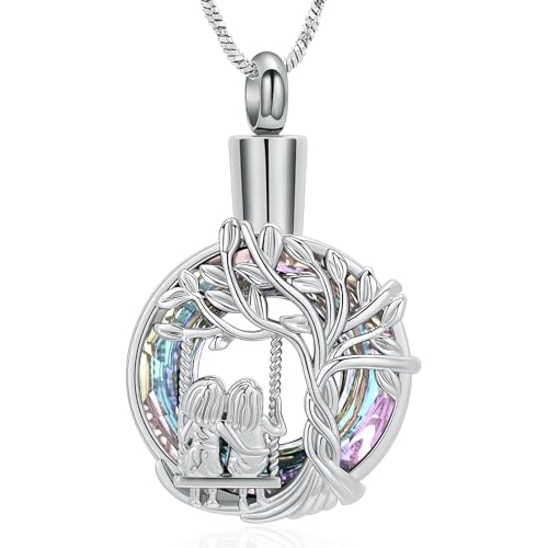 Tree of Life Urn Necklaces for Ashes Sister to Swing Cremation Jewelry for Ashes Circle Ring Crystals Pendant Memorial Jewellery for Women Men Keepsake Necklace Personalized Necklace Silver-purple