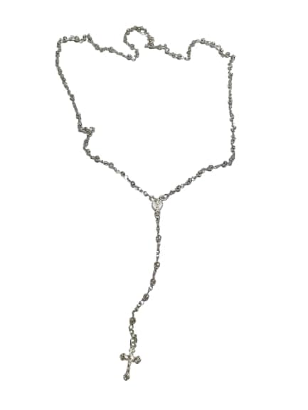 Madonna Prayer Rosary Necklace 60 cm + 12 cm Long with Cross, 3 mm Balls Approximately 3 mm Round Medal and Jesus Cross, taglia unica, Silver Plated Brass, Metal