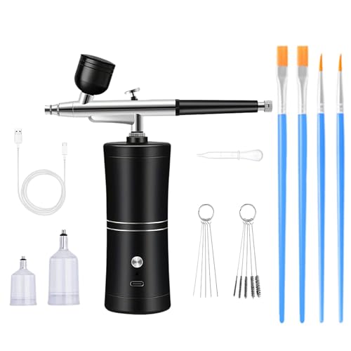 Portable Airbrush with Compressor, Rechargeable Dual Action Air Brush Spray Gun Kit with 10CC 20CC 40CC Cups and Painting Brushes for Nail Art Painting