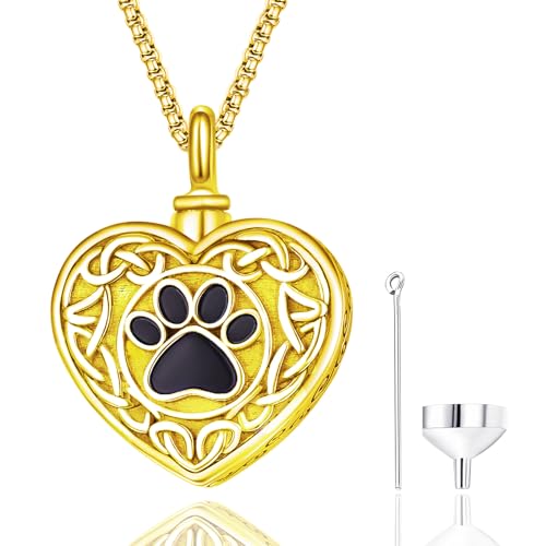 Pet Cremation Urn Necklace for Dog Cat Ashes 925 Sterling Silver 18K Gold Plated Paw Print Memorial Pendant Celtic Knot Keepsake Jewellery for Women Men 01B-Heart