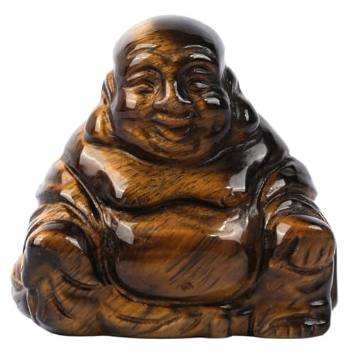 Tiger’s Eye Happy Laughing Crystal Buddha Statue, 1.5 Inch Small Ornament for Home, Mini Buddhism Gift, Carved Buddha Figurine, Good Luck Charm, Pocket Stone