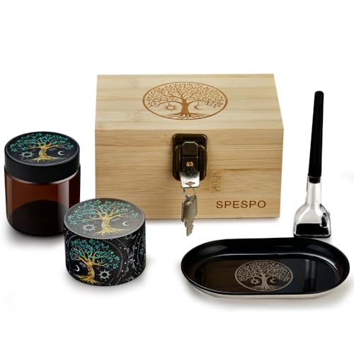 Grinder Set, Includes 2.5 inch Herb Grinder, Rolling Tray, Storage Jar&Rolling Stick, Lockable Bamboo Box Gift Set for Men Women Tree Set