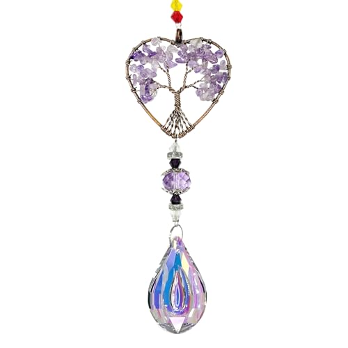 Amethyst Sun Catchers for Windows, Tree of Life Natural Chakra Healing Crystal Stone Spiritual Gifts for Adult Women, Novelty Natural Quartz Gemstone Pendant Rainbow Maker Suncatcher for Ladies Girls Amethyst