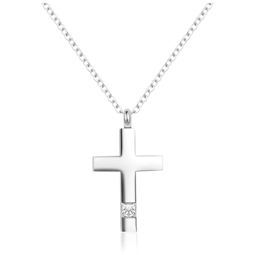 MiniJewelry Christian Cross with Cubic Zirconia Urn Necklaces for Ashes Cremation Jewelry Keepsake for Adult Women Men Human Family Loved One