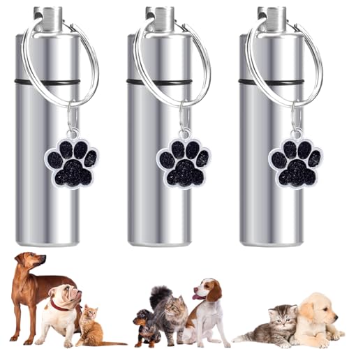 3 Pcs Waterproof Cremation Pet Urns Keychain for Dogs Ashes, Small Urn Memorial Pendant Keychain, Cylinder Cat Dog Urn for Pet Ashes Cremation Keepsake Memorial Ashes Jewelry Silver