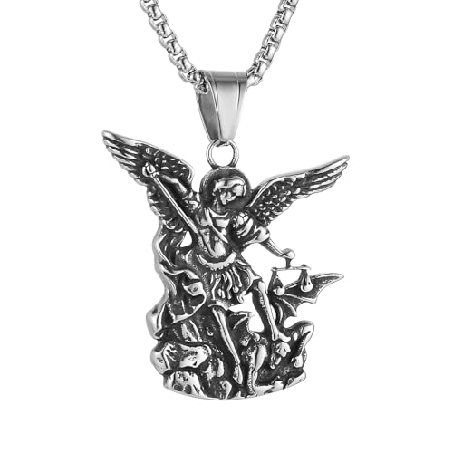 HZMAN Saint Michael Necklace, Stainless Steel St Michael the Archangel Pendant Amulet for Men Women Gift Silver