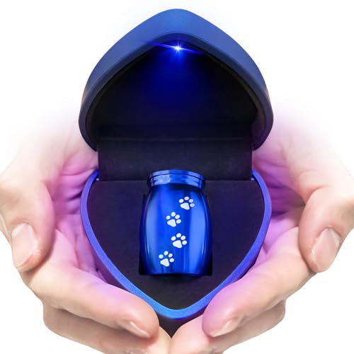 Small Pet Urns for Dog Ashes, Mini Cat Urn for Ashes Keepsake, Tiny Cremation Animal Human Memorial Necklace Loss of Dogs Cat Gifts, Pet Paw Print Urn - Heart Shaped Box with Blue Light
