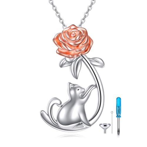 ONEFINITY Cat Necklace 925 Sterling Silver Cat Pendant Pet Jewelry Gifts For Women rose cat urn