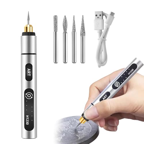 Electric Engraving Tool Kit, USB Cordless Rechargeable Engraving Pen With 4 Tungsten Carbide Tip, Mini DIY Rotary Engraver for Carving Leather Wood Metal Stone Plastic Jewelry Glass(Silver) Silver